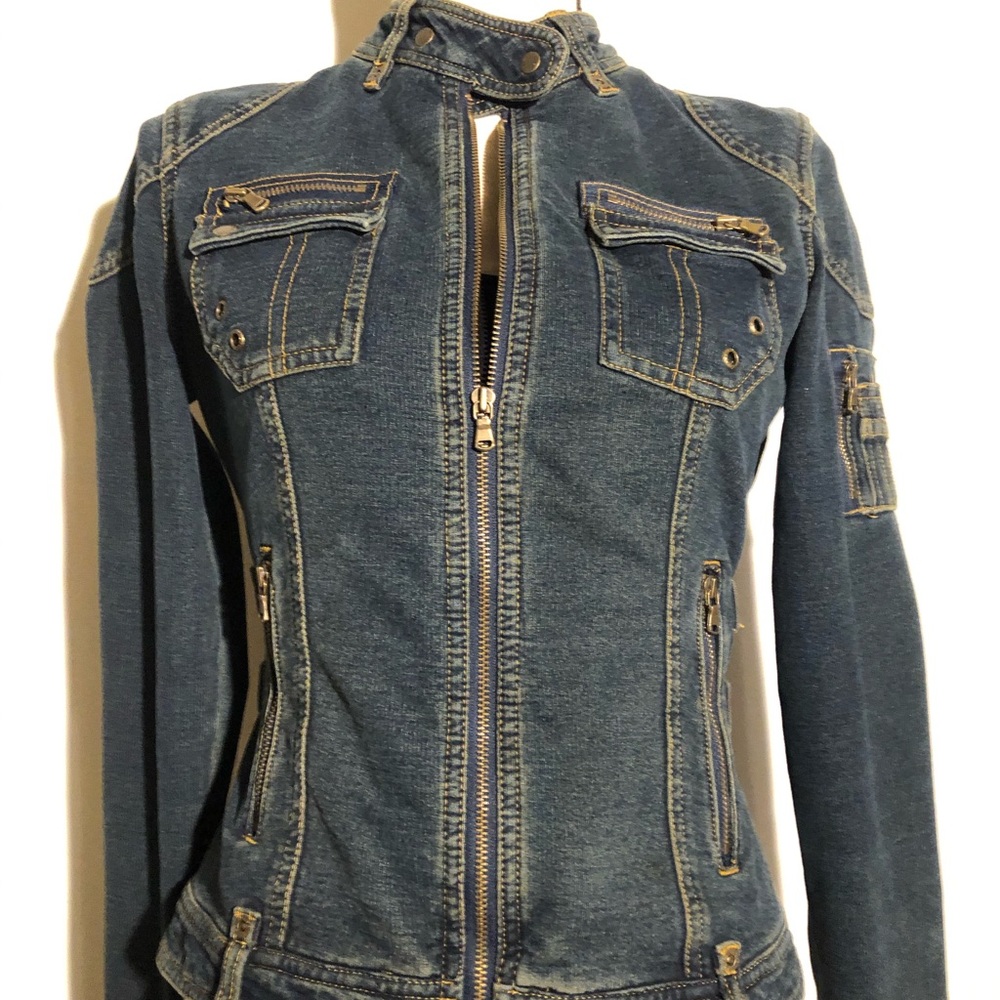 Y2K gothic rave motorcycle stretch Jean Jacket with buckles straps and zippers S